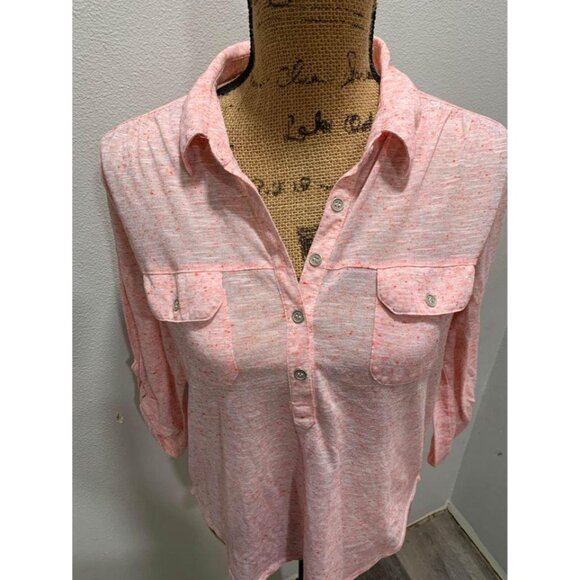 🌸3/$15🌸Sheer Hi-Lo Pink Blouse 3/4 Sleeves Partial Button Up sz M - Picture 2 of 7